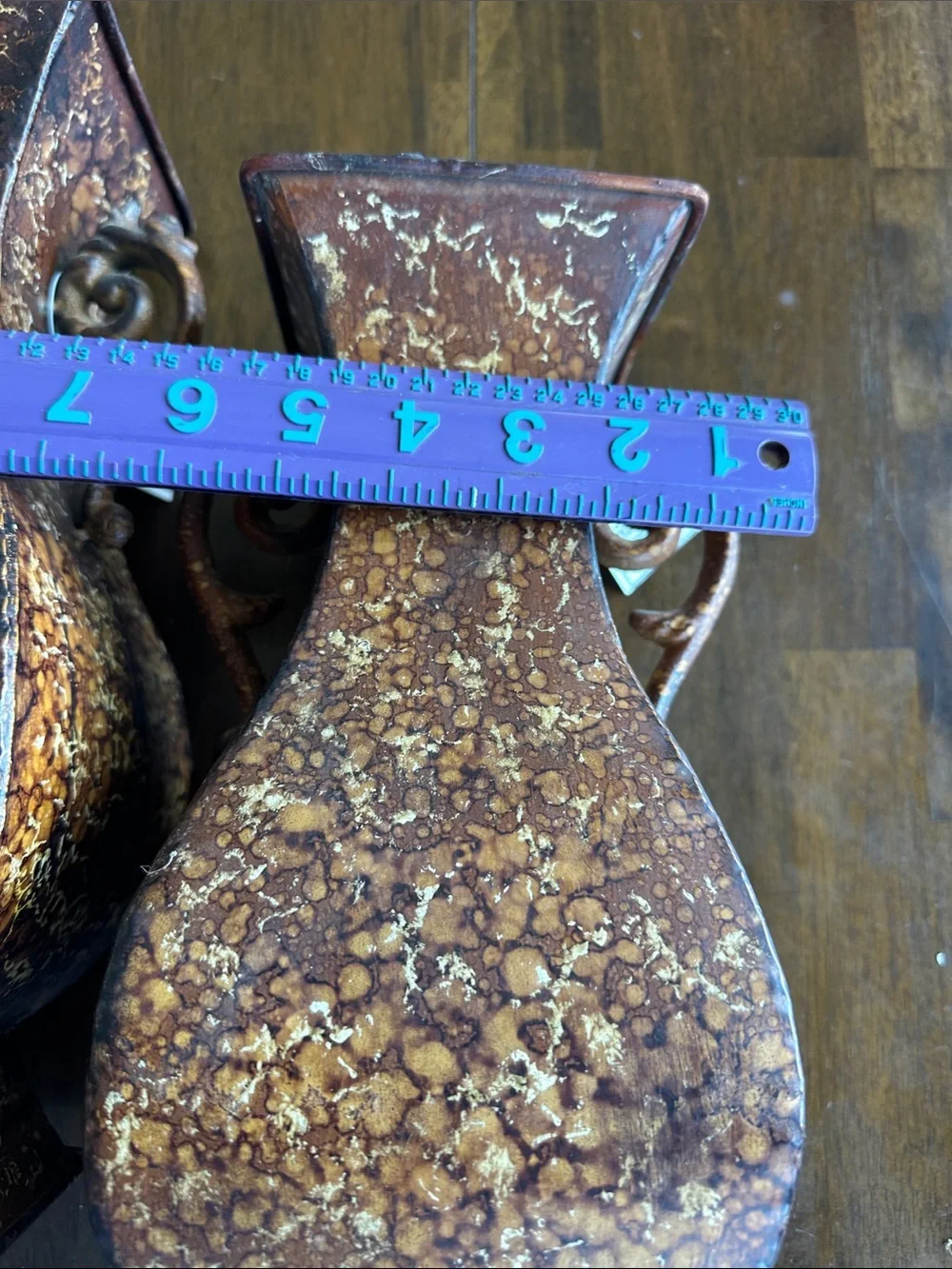 Pair of Brown Speckled Metal Urn Vases with Scroll Handles